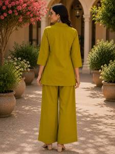 Conjunto de Kurti y Palazzo de Algodón Verde Oliva para Mujer con Estampado a Mano, Corte Holgado, Atuendo Casual para Primavera - Product Image 5