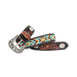 Western Genuine Leather Embroidered Beaded <b>Belt</b> Floral Pattern Silver Alloy Buckle <b>Vintage</b> Casual Durable Handcrafted Daily Use - Product Image 2