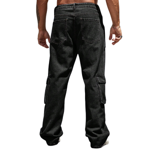 Jean cargo en denim noir uni délavé pour homme, coupe droite à jambe large, multi-poches, en coton, style décontracté, pantalon utilitaire classique - Product Image 2
