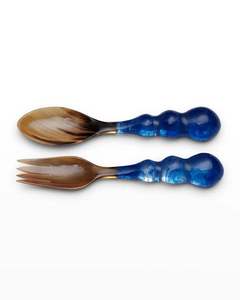 SOFIYA CRAFT Ensemble de 2 Cuillères à Salade Légères en Résine, Manche Perlé Bleu, Tête Marron, Lavable au Lave-Vaisselle - Product Image 1