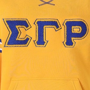 Sweat-shirt à col rond pour femme avec lettres grecques Sigma Gamma Rho en chenille, rayures dorées et bleues, poche, pull de sororité - Product Image 3