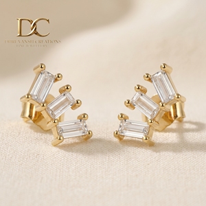 Unique Designer 14KT Solid Gold Lab Grown Diamond <b>Stud</b> <b>Earring</b> Beguette Brilliant Cut IGI Certified Women Custom Jewelry - Product Image 6