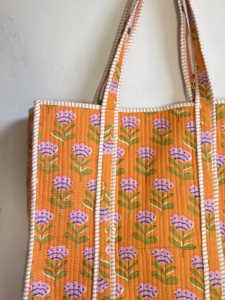 Orange Floral Quilted Tote <b>Bag</b> Cotton Fabric Bohemian Style Shopping <b>Bag</b> Open Top Reusable Shoulder <b>Bag</b> - Product Image 2