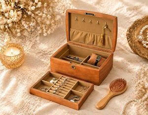 Wooden Floral Wedding Rectangle Painted Finish Jewelry Storage Chest Mirror Pull-Out Tray Drawers Necklace Hooks <b>Ring</b> - Product Image 4