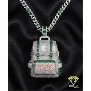 Luxury <b>Backpack</b> Pendant With Green And White Moissanite Diamond 925 Sterling Silver Iced Out Hip Hop Jewelry - Product Image 2