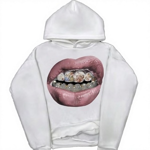 Sweat à capuche blanc coupe classique avec imprimé artistique des lèvres sur le devant, imprimé numérique, unisexe, décontracté, tricoté, 100 % coton, pour l'hiver - Product Image 1