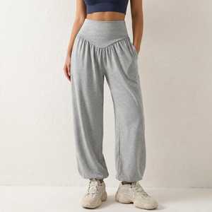 Women's Gray Pants Mid Waist Elastic Loose Fit Full Length Solid Color Casual Spring Style Knitted Cotton Spandex - Product Image 3