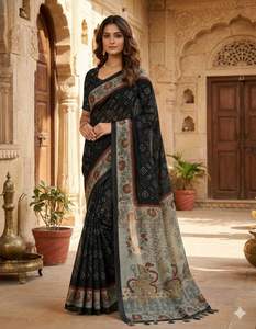 Sari en lin traditionnel avec un magnifique motif Bandhani et un chemisier Kalamkari pour l'occasion Diwali - Product Image 4