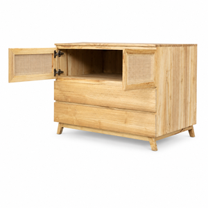 Buffet en bois massif de style moderne du milieu du siècle, avec portes et tiroirs en rotin naturel, meuble de rangement pour hôtel - Product Image 3