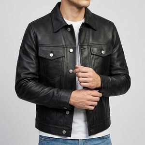 Men's Vintage Black <b>Sheepskin</b> Leather Trucker <b>Jacket</b> - Product Image 1