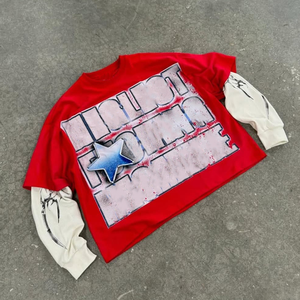 T-shirt de sport unisexe à patchwork délavé à l'acide double couche à manches longues surdimensionné 300 g/m² en coton pour hommes - Product Image 3