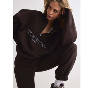 Women's Oversized Black Cotton Blend <b>Zip</b>-<b>Up</b> Sweatshirt Front Logo Asymmetric Drop-Shoulder Full Sleeve Autumn Wear - Product Image 2