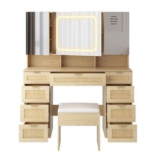 Large Makeup Vanity Table Set with 3 Opening LED-Lit Mirrors Full Storage Behind Mirror D Style Design - Product Image 6