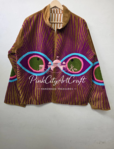 Veste matelassée en velours tissé respirant faite à la main avec broderie œil porte-bonheur en points de chaînette, style bohème, coupe oversize, pour l'hiver - Product Image 3