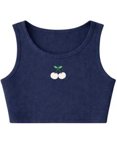 Ensemble décontracté deux pièces pour femme : débardeur court côtelé et short à cordon de serrage bleu marine avec broderie cerise, personnalisable - Product Image 2