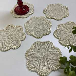 Handmade Beaded <b>Coasters</b> - Scalloped Light Cream <b>Drink</b> <b>Coasters</b>, Set of 6 - Product Image 2