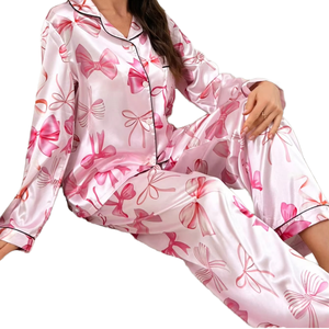 Conjunto de pijama de satén floral rosa para mujer, ropa de dormir sedosa con botones y manga larga - Product Image 5