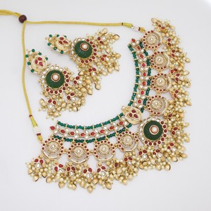 Traditional Ethnic Gold Plated Alloy Green <b>Ruby</b> Choker <b>Necklace</b> Set with Matching Earrings for Women Wedding Party Wear Jewelry - Product Image 2