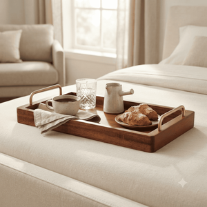 Plateau de service en bois artisanal avec poignées en métal, grand plateau rectangulaire pour café, thé, petit-déjeuner, nourriture, maison, restaurant, hôtel, table - Product Image 3