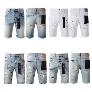 Shorts de Mezclilla para Hombre, Corte Recto, Cintura Media, Desgastados, Lavables, Blancos y Azules con Diseño de Salpicaduras de Pintura - Product Image 1