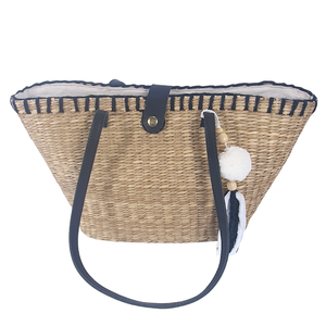 Hot Sale Handwoven Seagrass Casual <b>Tote</b> <b>Bag</b> with Black Leather Handle <b>Zipper</b> Closure Natural Straw Beach Handbag - Product Image 4