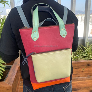 Recycled Leather Convertible Diaper Backpack Colorful Leather Handles Crossbody Shoulders Shopping Tote Bag With Pocket & Zipper - Product Image 2