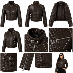 Hot Sale Real Leather <b>Jacket</b> for <b>Women</b> Turn-Down Collar Pocket Design Casual Quilted PU Leather Zipper Closure Short Length - Product Image 4