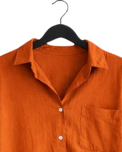 Ensemble deux pièces en lin orange brûlé pour femme, chemise à manches longues boutonnée et pantalon large à taille élastique, tenue décontractée - Product Image 4