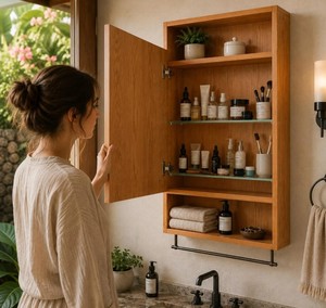 Mueble de Baño de Madera para Montar en la Pared con Puerta con Espejo, 2 Estantes y 2 Estantes Abiertos, Diseño Tropical - Product Image 4