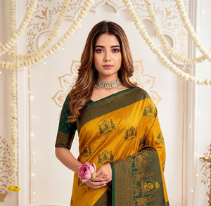 Sari Tradicional Indio de Seda para Mujer, Amarillo y Verde Estampado, para Bodas, Largo hasta el Suelo, Corte Regular, Sin Arrugas, para Adultos - Product Image 6