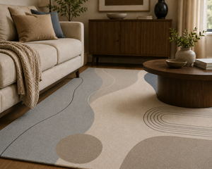Tapis élégant en laine de Nouvelle-Zélande tufté à la main avec un motif circulaire croisé bleu sarcelle et beige pour salon, chambre et hôtels - Product Image 4
