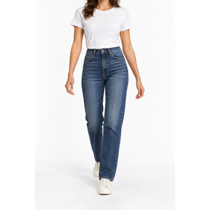 Jean en denim stretch taille haute coupe droite pour femme - Indigo, jambe large, XL, ODM, marque privée - Product Image 5