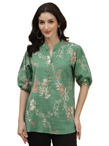 Chemise tendance pour femme, imprimé floral vert, coton, col mandarin, manches ballon trois quarts, boutonnée, décontractée et pour le bureau - Product Image 1
