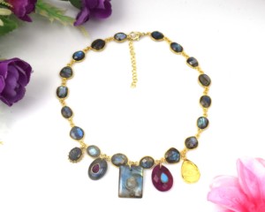 18K Gold Plated Vintage Labradorite <b>Statement</b> <b>Necklace</b> Multi Gemstone Charms | Handmade Designer Boho Collar <b>Necklace</b> for Gift - Product Image 2