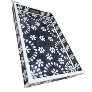 Plateau de luxe traditionnel en os incrusté avec motif floral, table de service en marbre pour le thé, le café et les collations dans les hôtels, restaurants et cafés - Product Image 3