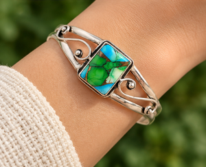 Brazalete de Plata de Ley con Dalia de Pavo Real y Turquesa – Joyería de Piedras Preciosas con Mosaico Colorido, Joyería Artesanal al por Mayor - Product Image 5