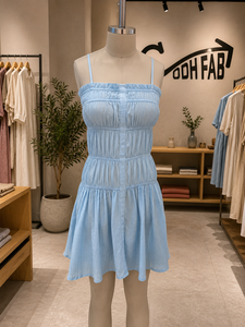 Light Blue Sweet Solid Spaghetti Strap Sleeveless Mini <b>Dress</b> Square Neck <b>Ruffle</b> Hem Loose A-Line Woven Fabric Button Front - Product Image 1