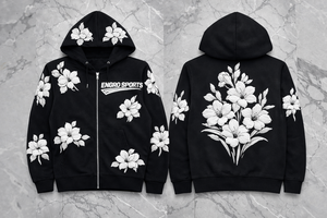 เสื้อฮู้ดดี้ผ้าฝ้ายคุณภาพสูง พิมพ์ลายดอกกลาเดียโลอาสีขาวแบบพัฟฟ์  ซิปสีดำ  รับผลิตแบบ OEM - Product Image 4