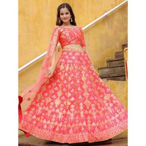 Encantador Peach Bordado Seda Boda Lehenga Choli Con Dupatta - Product Image 6