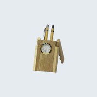 Soporte para Bolígrafos de Madera y Organizador de Escritorio con Reloj de Mesa Atómico Iluminado de Diseño Rústico y Movimiento de Cuarzo Ecológico