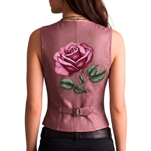 Chaleco de Cuero Rosa Empolvado con Gráfico de Rosas, Chaleco Vintage sin Mangas de Alta Calidad - Product Image 4