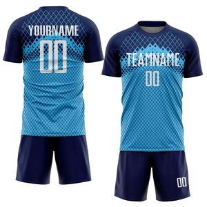 Maillot de football bleu personnalisé à manches courtes, col rond, anti-transpiration, 100 % polyester, impression par sublimation, vêtements de sport pour hommes - Product Image 1