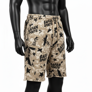 Shorts pour hommes en coton polaire premium délavé à l'acide 320 GSM, beige, camouflage sable, noir, logo imprimé graphique - Product Image 3