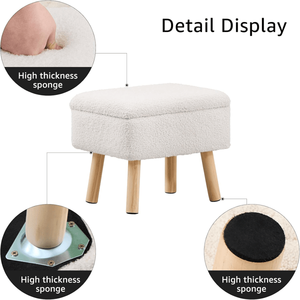 Pouf Contemporaneo Bianco Rettangolare con Rivestimento in Pile Teddy e Gambe in Legno Massello, Poggiapiedi per Ingresso di Casa - Product Image 2