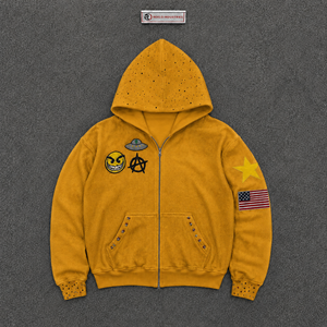 Sweat-shirt à capuche zippé pour homme en molleton doré avec imprimé dessin animé et patch drapeau américain, coupe classique, style automne, collection urbaine en promotion - Product Image 5