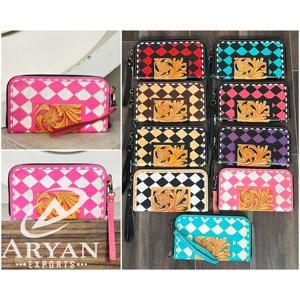 Hot Selling <b>Pink</b> & White Checkered Pattern Genuine Tooled Leather Cute Style <b>Clutches</b> Purse Zipper Luxury Flower Design - Product Image 1
