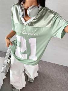 T-shirts oversize de style sportif pour femmes, imprimé lettres, personnalisé, ajouré, streetwear, mode, maillot de football américain - Product Image 5