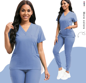Nouvel ensemble de blouses médicales élégantes bleu clair pour femmes, col en V, pantalon jogger extensible avec poches, logo personnalisé, vente en gros, pour infirmières et professionnels de la beauté - Product Image 1