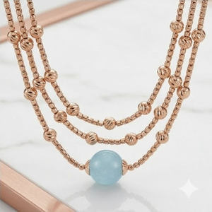 Collier Mala italien en argent 925, finition or rose, pierre bleue, chaîne à plusieurs rangs, bijoux perlés design pour femmes - Product Image 3