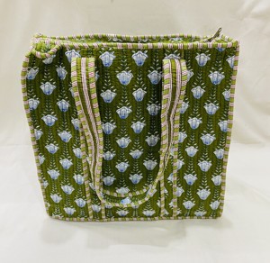 Green Floral Quilted 100% Cotton Tote <b>Bag</b> with Zipper Closure Long Handle <b>Medium</b> <b>Size</b> for Groceries From Rajasthan - Product Image 1